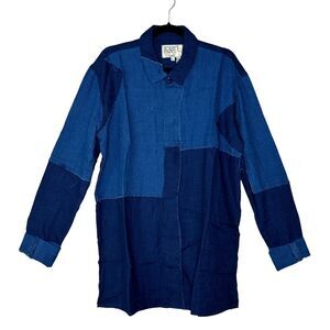Sandrine Rose Patchwork Button Up Shacket Tunic Dress Blue Small NWT Oversized